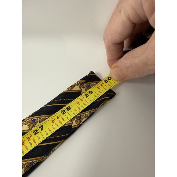 Brioni Luxury Mens Neck Tie Black Navy & Gold Striped W/Cream Blue Accents Italy - Picture 6 of 6